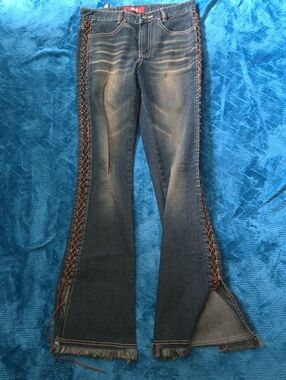 Women’s Blue Denim Flare Jeans with Side Lace-Up Detail